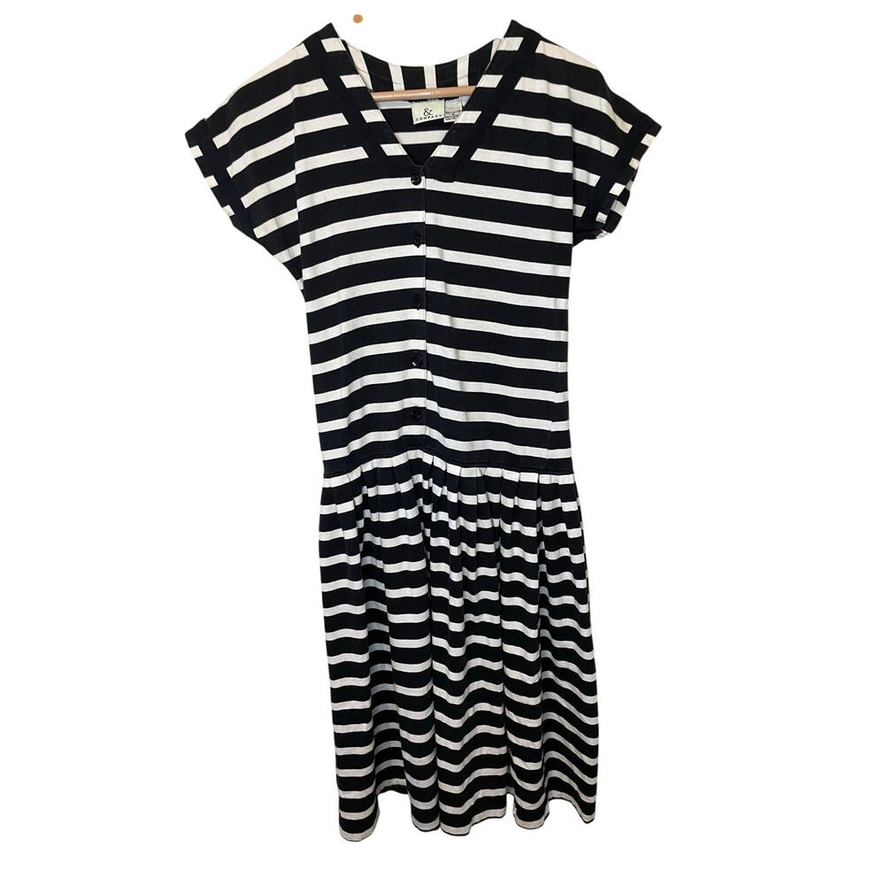 VTG & Company Black & White Stripped Drop Waist Midi Short Sleeve Cotton Dress M